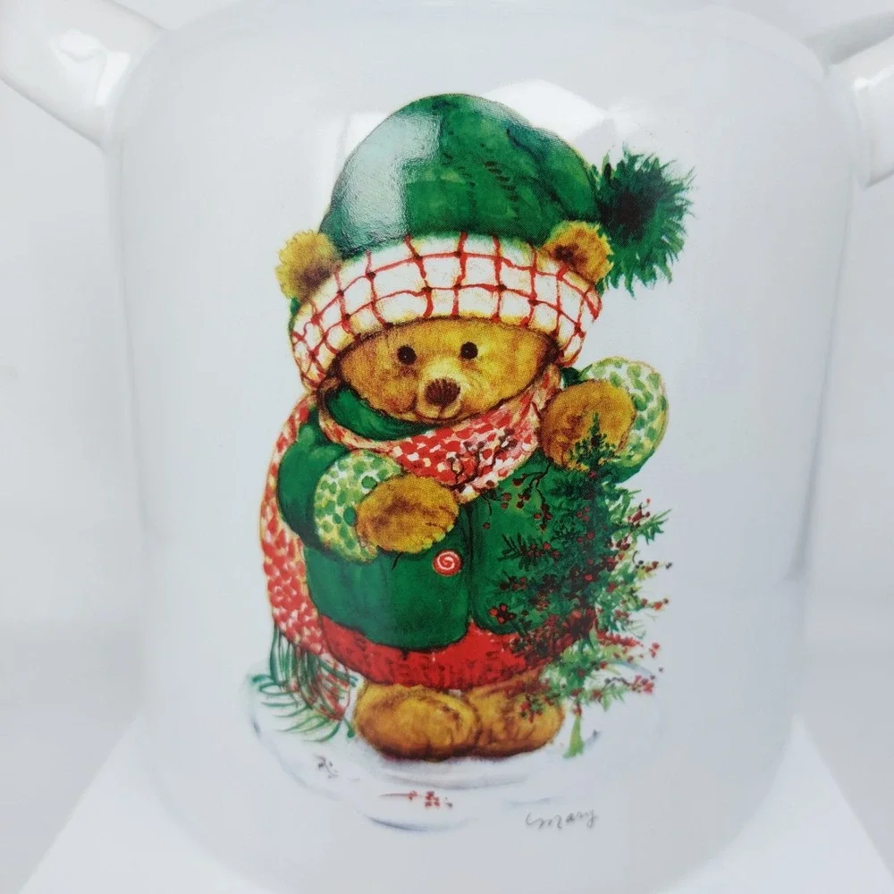 Vtg Hallmark Christmas Teddy Bear Holly Canister Jar Lid‎ Handles 9
